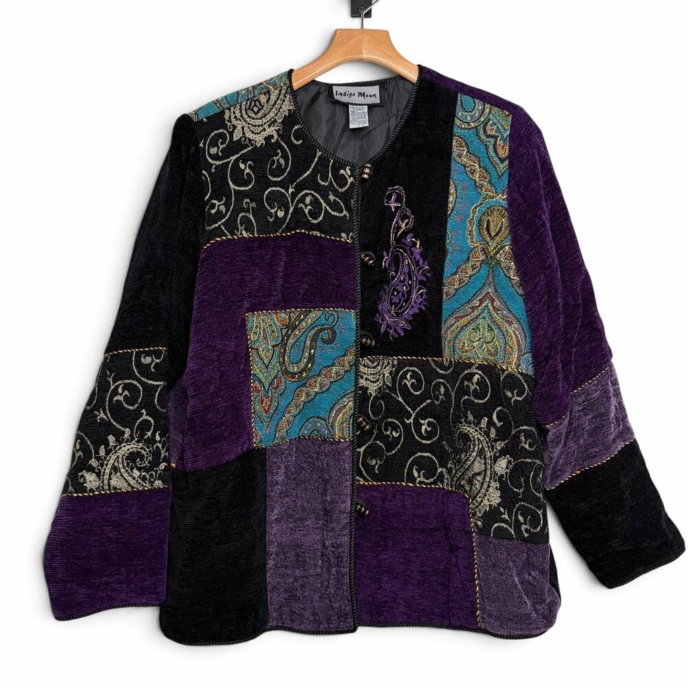 Indigo Moon Patchwork Chenille Jacket L Boho Art to Wear Whimsygoth Vintage